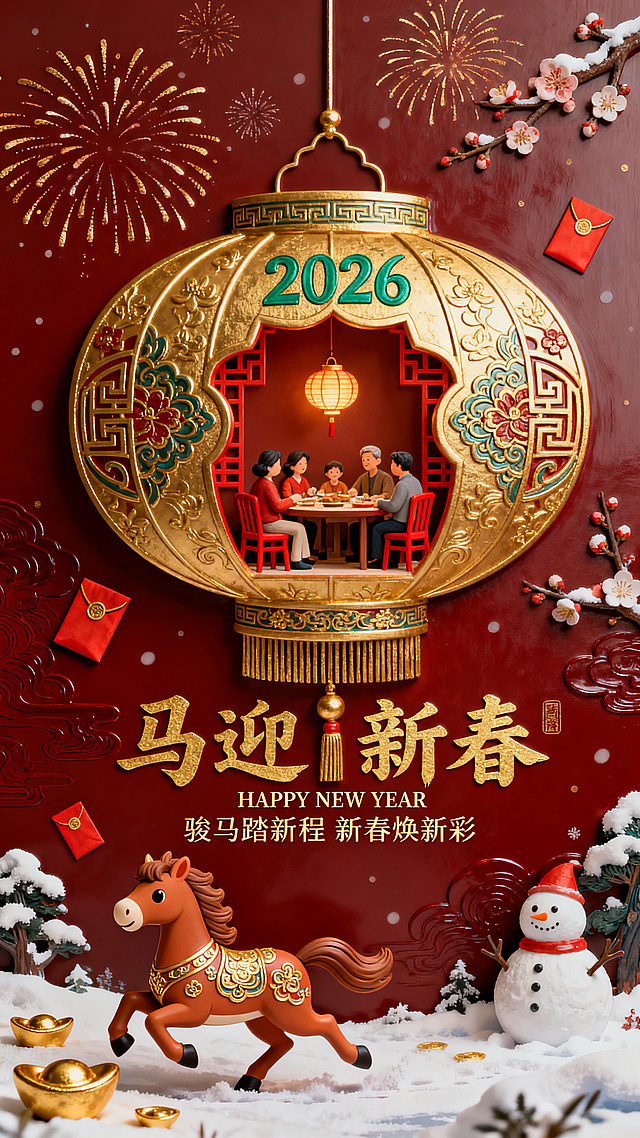 微缩艺术，马年新春海报，喜庆，融合传统新春元素与萌系Q版设计。前景为Q版奔跑姿态马形吉祥物，搭配红包、金元宝装饰；中心主体是巨大金色花灯福字造型（作为场景容器），中式纹样，福字内部嵌入微缩家庭聚餐场景（家人围坐红椅、餐桌，桌上有灯笼），福字带上“2026”吉翠色字与传统花纹；主色调为红色深夜背景（装饰烟花、雪景和雪人、梅花），搭配绿、金、白新春配色，整体色调柔和明快。醒目书法大字“马迎新春”（笔触灵动的金色书法体），书法字下方为英文“HAPPY NEW YEAR”+诗句“骏马踏新程 新春焕新彩”（简洁衬线字体）。