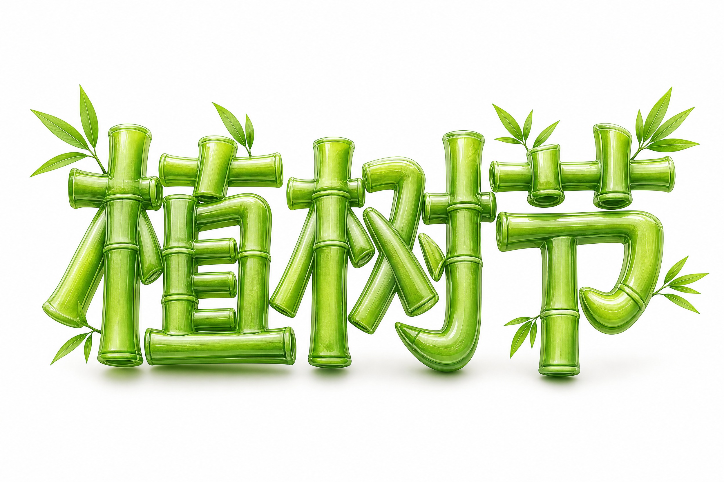 3D立体艺术字"植树节"，整体模拟嫩绿色竹子茎秆质感，笔画带有… - 图片创意预览