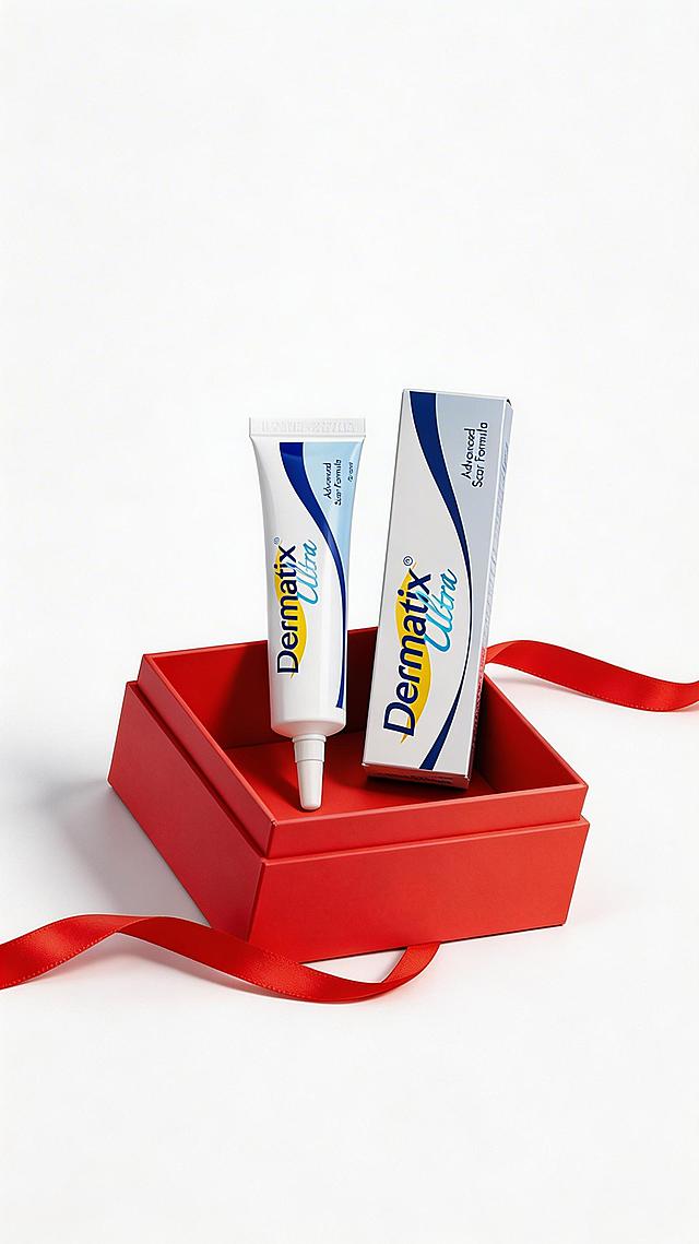 将图2的祛疤膏产品自然放置在图1的红色礼盒中，去除丝带上的“双11狂欢购”文字