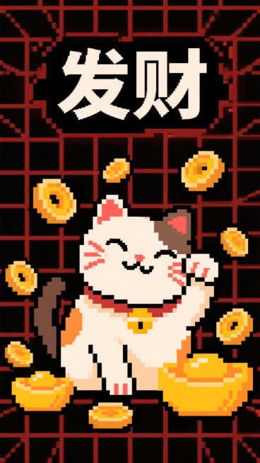 像素艺术，8位风格，“发财”主题。一只可爱的像素化招财猫在点头，金币和元宝弹出。背景是复古的红黑网格。简单、怀旧且有趣。非常适合游戏玩家和科技爱好者。预览效果
