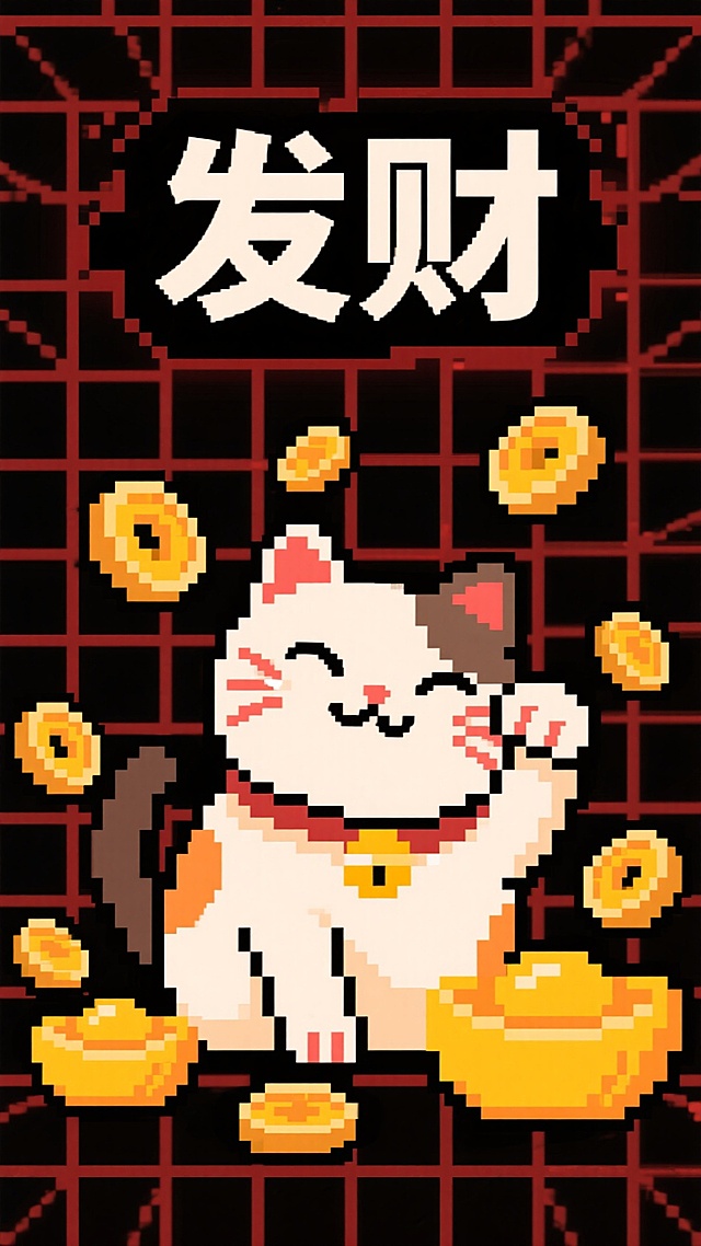 像素风招财猫拟人化设计，国潮红黑格纹背景，鎏金铜钱与金锭环绕，喜庆可爱，寓意发财。