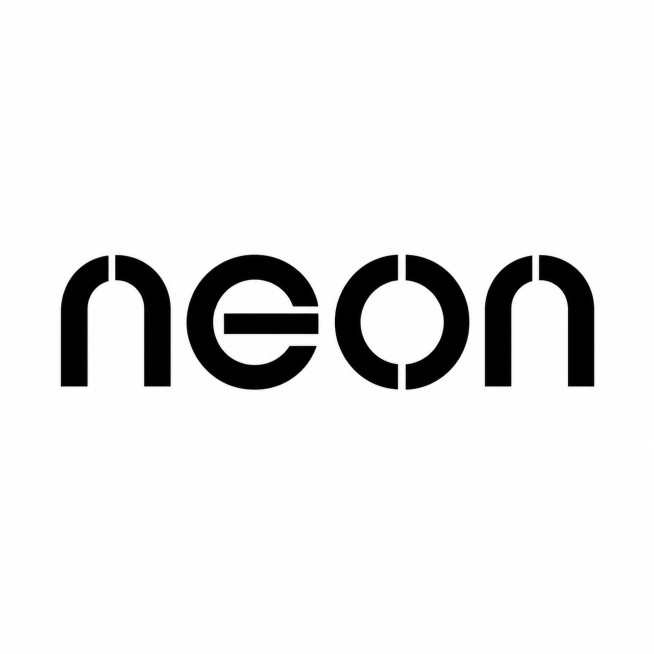 干净纯白色背景，平面艺术字体设计，主体文字为"neon"，四个字母单行横向排列，现代极简风格字体设计，采用几何切割处理，将字母笔画简化为流畅的几何形状，黑色主体字体，整体黑白色简约感，无额外装饰元素，预览效果