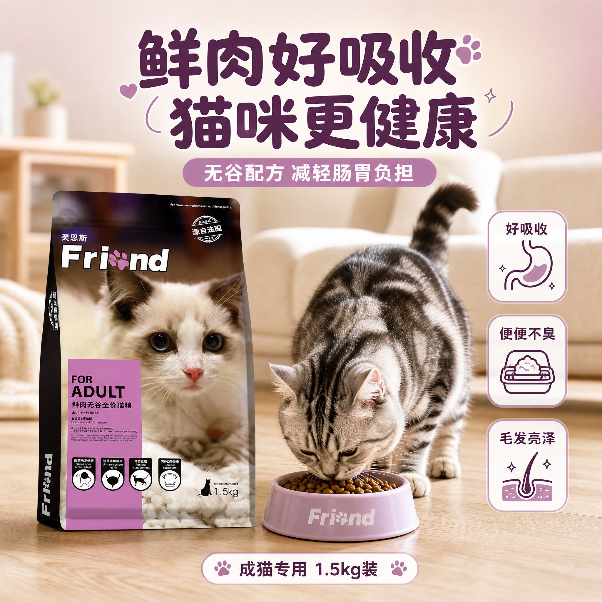 [主图-4] 消化吸收与肠胃友好场景图，任务是展示猫咪食用后的… - 图片创意预览