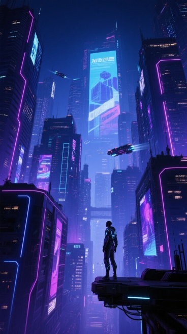 赛博朋克风格城市夜景，以深邃蓝紫色调为主，霓虹灯光点缀其间，高楼大厦鳞次栉比，建筑表面布满发光管线与全息广告投影，视角从城市中层望向更广阔的天际线，一名身着未来感服饰的孤独身影站在悬浮平台边缘，背景中加入巨型全息投影广告牌与穿梭的飞行器，整体氛围神秘而充满科技感，光影对比强烈，细节丰富的赛博朋克都市景观，展现出繁华与疏离并存的未来都市风貌。预览效果
