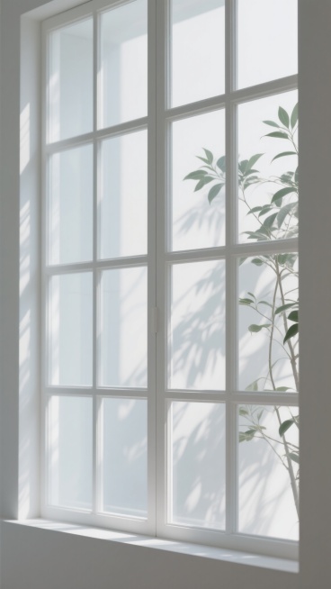 简约现代风格的窗户背景，白色窗框分割成多块玻璃，左侧玻璃上投射着清晰的植物枝叶阴影，光影柔和自然，整体画面干净整洁，呈现出宁静通透的氛围，适合作为简洁的室内背景。预览效果