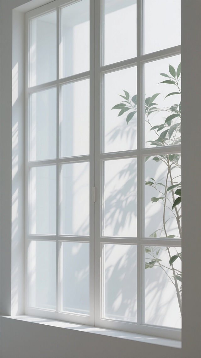 简约现代风格的窗户背景，白色窗框分割成多块玻璃，左侧玻璃上投射着清晰的植物枝叶阴影，光影柔和自然，整体画面干净整洁，呈现出宁静通透的氛围，适合作为简洁的室内背景。