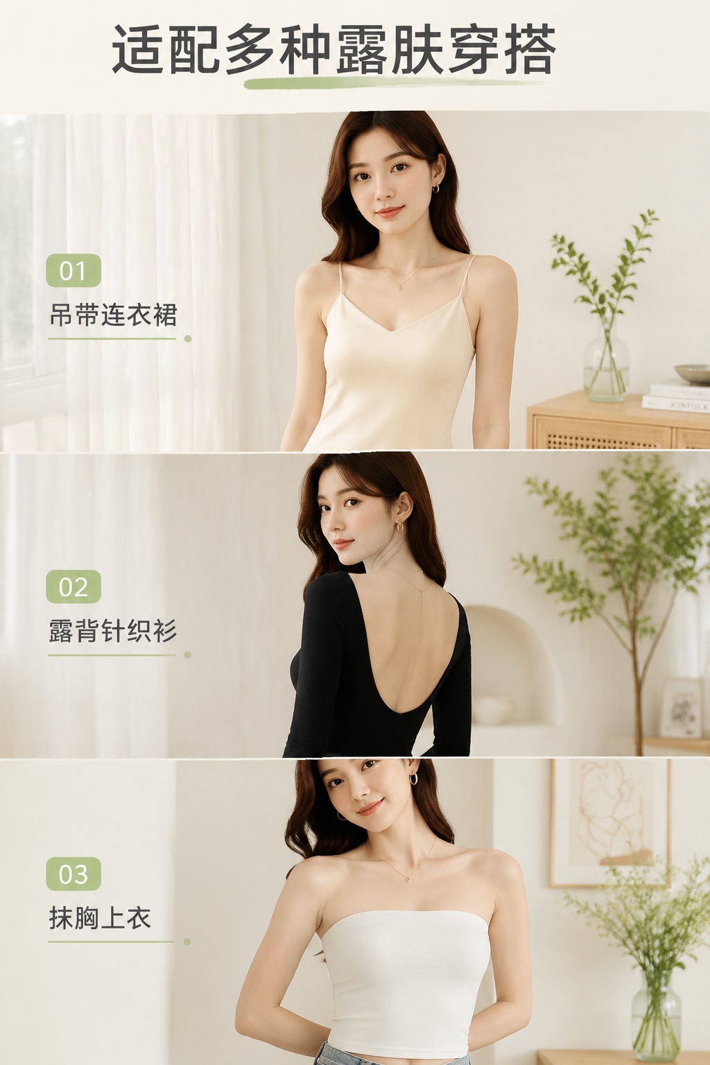 [第7屏] 适用场景展示-圆杯胸贴适配多种日常露肤服装。展示不… - 图片创意预览