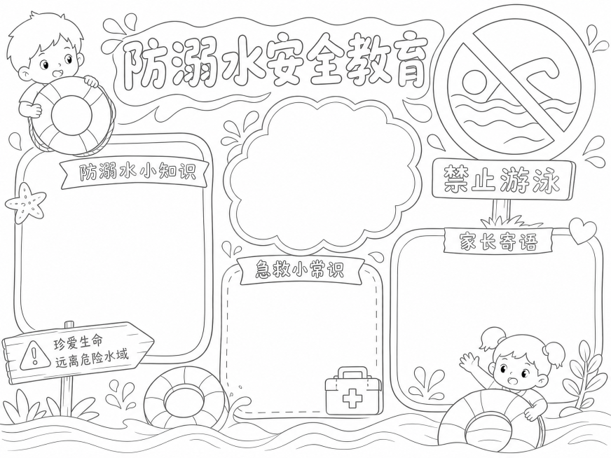 防溺水安全教育手抄报，超浅浅色马克笔线稿，纯线稿无色彩填充，A4横版，包含禁止游泳标识轮廓，预留文字区域，线条干净清晰预览效果