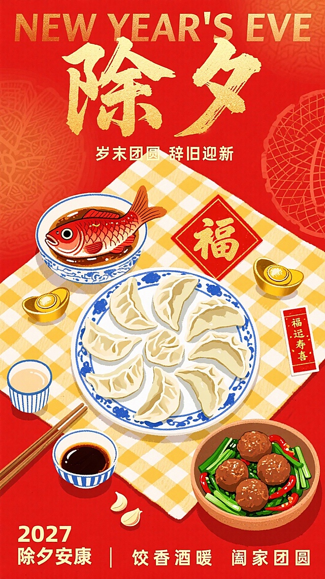 手绘插画，俯视视角，平面，画面正中间，红底金纹布，上摆着饺子（摆成圆形，捏褶清晰，象征招财进宝），周围分布着瓷碗装的红烧鱼（桌左上方，象征年年有余，鱼眼圆睁、鱼身完整）、陶钵装的四喜丸子（桌右下方，四颗圆润饱满，象征福禄寿喜）、清炒时蔬（点缀红椒，象征生机勃勃）；搭配青绿葱段、蓝边蘸料碟（装醋蒜汁）、蓝白条纹木筷、瓷碗装的米酒（象征长长久久）；“福” 金字红底金纹正方形、金色元宝、迷你春联贴纸点缀画面；正红底色，底部衬黄白格纹餐布；

文字排版：文字覆盖在画面上
画面中上部核心位置：超大号加粗书法字体 除夕（覆盖部分餐桌画面，颜色正红描金边，视觉占比最大，醒目突出，有书法笔触）；
超大字下方：小号金色字体 “岁末团圆 辞旧迎新”；
画面上部角落：有半透明渐变金英文 “NEW YEAR'S EVE”；
画面底部一组文字组合：左侧 “2027 除夕安康”（艺术字），右侧 “饺香酒暖 阖家团圆”（两行文案）。红色背景喜庆氛围