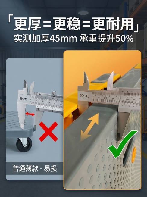 重新生成3:4比例对比式电商海报，左右分区明确，左侧是普通薄款车板，卡尺显示厚度远小于45mm，右侧是本次的45mm加厚手推车车板，卡尺清晰显示45mm刻度，冷暖背景分区对比，大字标题「更厚 = 更稳预览效果