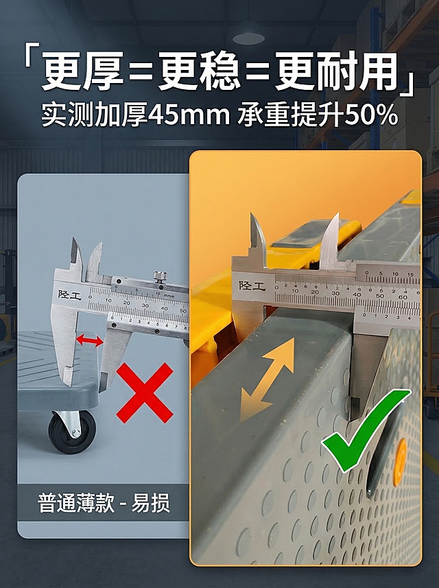 重新生成3:4比例对比式电商海报，左右分区明确，左侧是普通薄款车板，卡尺显示厚度远小于45mm，右侧是本次的45mm加厚手推车车板，卡尺清晰显示45mm刻度，冷暖背景分区对比，大字标题「更厚 = 更稳 = 更耐用」，下方标注「实测加厚45mm 承重提升50%」，字体醒目对比强烈，视觉冲击力强，突出本款产品加厚耐用的核心优势，清晰直观适合电商推广