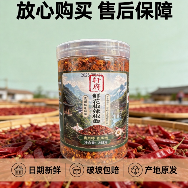 [主图-8] 服务承诺信任图；
[氛围风格] 简洁稳重，打消购买顾虑；
[画质] 高清商业摄影，清晰干净；
[元素] 主体一罐轩府鲜花椒辣椒面居中展示，保持产品外观与输入图一致，占比约50%。下方是浅预览效果