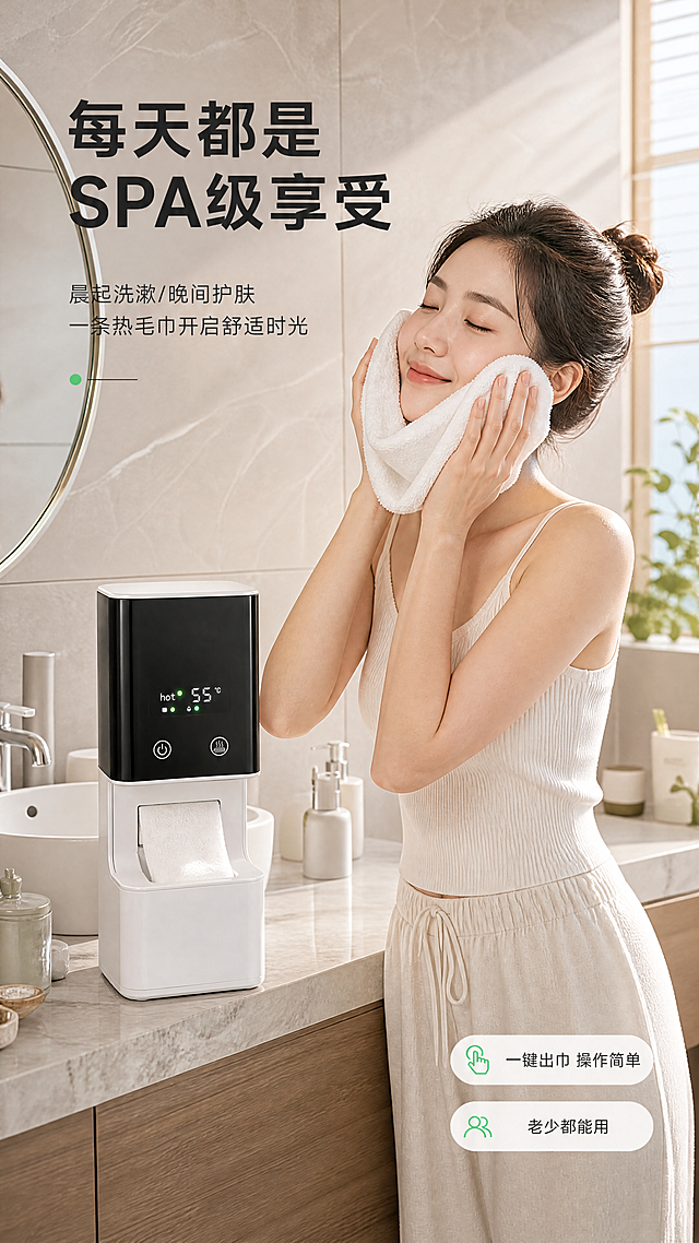 [商品] 使用【图1】智能加热毛巾机主机；保留黑白配色、数显屏幕、触控按钮、出巾口结构与整体比例；产品放置在浴室台面上，处于工作状态。
[画面] 页面目标：真人使用场景展示，让用户直观感受使用便捷与舒适体验。版式：场景氛围型，亚洲年轻女性洗漱后站在现代浴室洗手台前，微笑着从加热毛巾机中取出一条热毛巾敷在脸上，表情放松享受；产品在画面中下部清晰可见，背景为浅灰色瓷砖墙、浴室镜、洗漱用品，暖色调自然光从窗户照入。阅读动线：人物动作→产品→氛围感受。
[视觉] 套系策略：风格=现代简约科技家居商业摄影；标题字=无衬线粗黑体；正文字=简洁无衬线体；主色=纯净白+深炭黑；背景延展=基于白灰做深浅层级、同色渐变和大理石/瓷砖质感；强调色=薄荷绿，仅用于小面积图标、引线、温度标签和装饰光点；标题色=深炭黑；正文色=中暖灰；组件=圆角浅底信息卡、细线引线、胶囊形卖点标签；光影=左前侧暖柔光，整体暖色调温馨舒适。
[文字] 画面左上留白处主标题"每天都是SPA级享受"，副标题"晨起洗漱/晚间护肤 一条热毛巾开启舒适时光"，右下角悬浮2个小标签："一键出巾 操作简单""老少都能用"，文字均为横排，不遮挡人物脸部与产品主体。
[规格] 图片比例9:16竖版，4K，负向提示：避免产品变形、人物表情僵硬、错字、文字过小、冷蓝色调、低俗画面、绝对化用语。