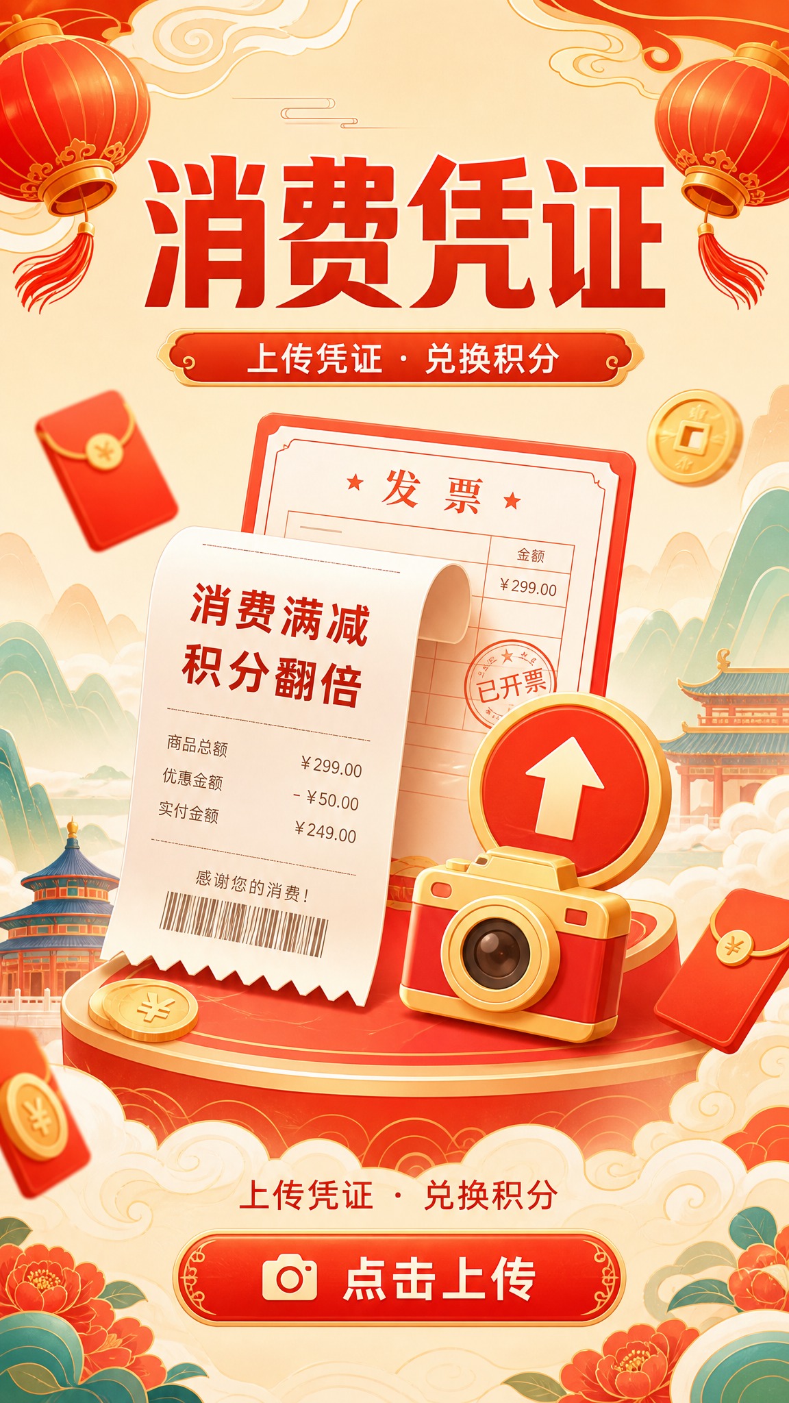 国风新中式插画风格，小程序"消费凭证上传"点击入口图标，竖版9… - 图片创意预览