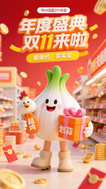 3D卡通风格，双十一促销主题宣传图，主题是拟人化白色大蒜角色，绿色蒜叶头发，左手抱着一只超大的母鸡（身上写着“超鸡”文字），右手抱橙色礼盒（系粉色蝴蝶结，正面 “划蒜” 文字），俏皮眨眼大笑表情，脚踩预览效果