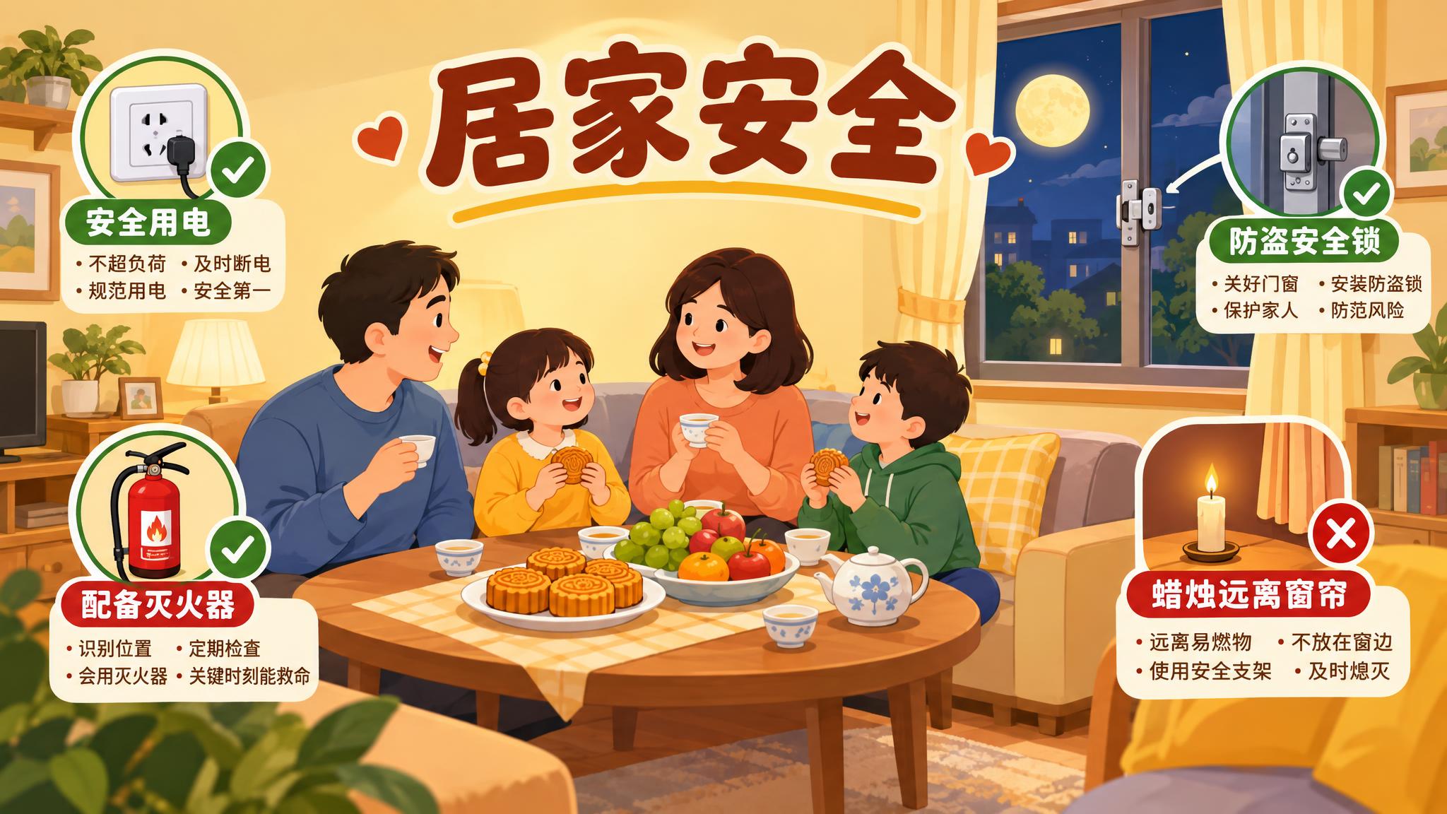 居家安全主题插画，16:9横版构图。画面展示温馨的居家客厅场景… - 图片创意预览