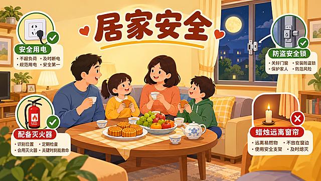 居家安全主题插画，16:9横版构图。画面展示温馨的居家客厅场景，一家人围坐赏月聚餐，桌上摆放月饼和水果，旁边有安全用电的提示图标（插座、灭火器），窗户旁有防盗安全锁，画面中有蜡烛远离窗帘的安全示意，暖黄色调，扁平插画风格，画面上方有'居家安全'四个大字，整体氛围温馨安全