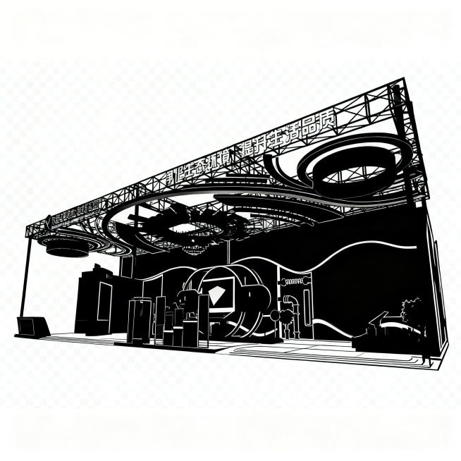 将这张展位设计图转为镂空剪影形式，黑色部分不要太实，保留清晰轮廓线条，黑色区域做镂空处理，仅用线条勾勒外轮廓，透明背景，1:1复刻原有造型预览效果