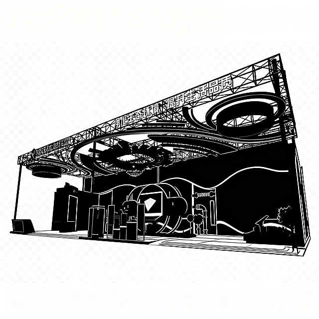 将这张展位设计图转为镂空剪影形式，黑色部分不要太实，保留清晰轮廓线条，黑色区域做镂空处理，仅用线条勾勒外轮廓，透明背景，1:1复刻原有造型