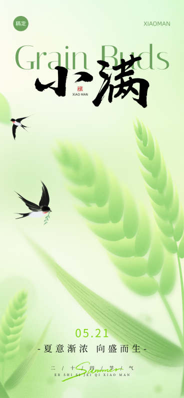 小满节气弥散渐变水稻插画全屏海报预览效果