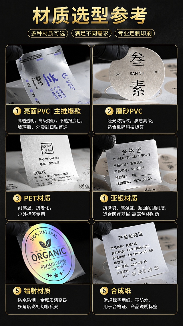 [第3屏] 详情页材质选型参考模块-6种不干胶材质对比展示。本屏使用【图3】作为材质质感参考。
[氛围/风格] 高端工业风+材质展示质感，深色背景，每种材质配对应样片展示。
[元素布局] 画面采用卡片式布局，顶部标题区，下方6个材质卡片分3行2列排列；每个卡片上方展示对应材质的贴纸样片（亮面透明、磨砂、PET、亚银、镭射、合成纸），下方为材质名称和特点说明；卡片之间有金色细边框分隔。
[光影质感] 均匀柔光，材质样片表面有真实质感反光，亮面PVC有高透光泽，磨砂呈哑光质感，镭射有彩虹幻彩效果，亚银有金属拉丝感。
[配色色系] 全局底色 #1E1E1E（深灰黑）；主色金色 #D4AF37；辅助色白色文字、各材质本身颜色。
[视角构图] 正面平视，阅读动线：顶部标题 → 6个材质卡片（从上到下、从左到右依次阅读）。
[文字版式] 版式为顶标题+6宫格材质卡片。主标题「材质选型参考」，金色粗黑体居中；6个材质分别为：①亮面PVC｜主推爆款「高透透明，高级隐形，不遮挡底色，玻璃瓶、外卖封口贴首选」②磨砂PVC「哑光防指纹，质感高级，适合数码科技标签」③PET材质「耐高温、抗老化，户外标签专用」④亚银材质「抗撕裂、高强度，超强耐刮耐磨，适合医疗器械 高端包装防伪」⑤镭射材质「防水防潮，金属质感高级 多角度彩虹幻彩反光」⑥合成纸「常规标签用纸，不防水，用于合格证、产品说明标签」；卡片内材质名称金色加粗，特点说明白色细体。
[比例分辨率] 9:16 竖版比例，4K 分辨率，文字清晰可辨，高清画质。
[负向提示词] 变形，水印，文字错乱，文字过小，材质质感错误，颜色偏差，背景杂乱。