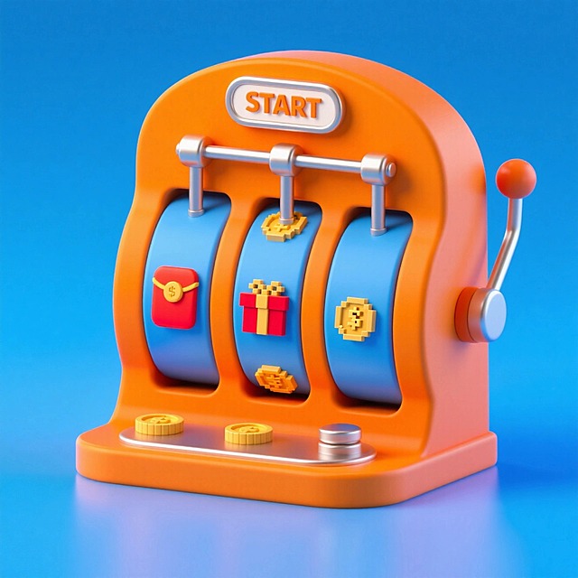 主体是完整的游戏抽奖机，正对着画面，不要有任何角度，金属拉杆，三组独立滚轮，里面是红包，礼物，金币像素图案，游戏机顶部"START"按钮，整体为橙色色调，蓝色背景。