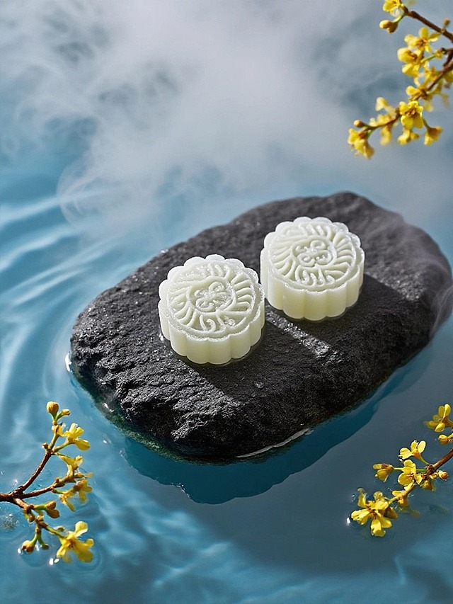 东方美学，两块冰皮月饼（表面有一层冰）放在深灰粗岩上，四周弥漫着浓郁的低悬干冰烟雾，桂花枝装饰画面。深灰粗岩置清透幽蓝冰面，光影交错，寒意冰爽清新氛围。