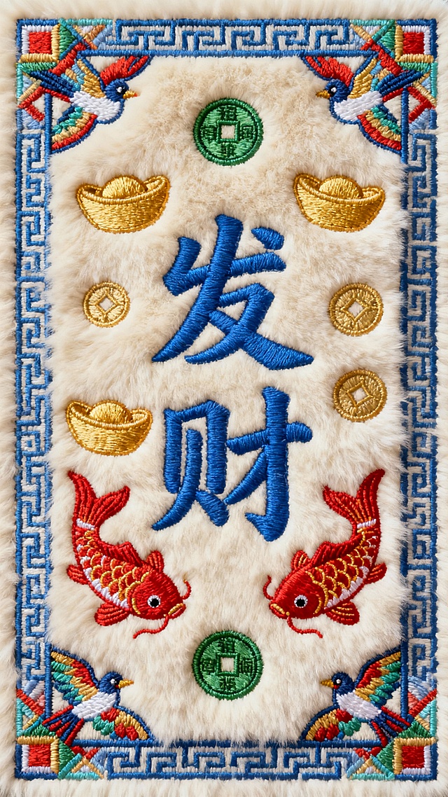米白色毛绒质感背景，整体采用彩色刺绣工艺，中央为蓝色“发财”大字，周围环绕金色元宝、红色鲤鱼、绿色铜钱等传统吉祥图案，四角装饰对称的彩色几何纹样与抽象鸟类图案，边缘以蓝色回纹边框勾勒，文字与图案色彩鲜艳明快，刺绣线条清晰饱满，整体风格喜庆热闹，充满传统节日氛围。