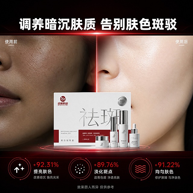 [主图-4] 功效实证 调理暗沉改善肤色不均展示。
[统一基调] 高端专业护肤风格，红黑科技感背景，主标题白色粗体非衬线字体，强调色正红色，辅助文字浅灰色，整体干净大气有品质感。
[画面] 画面采用左右分栏布局，左侧展示暗沉不均的皮肤状态特写（暗色调处理），右侧展示使用后均匀透亮的皮肤状态特写（亮色调处理），中间放置产品套盒作为分隔。皮肤特写为局部脸颊区域，展示肤色均匀度和光泽度的改善，不做夸张对比。画面底部有三组数据图标，分别展示"提亮肤色""淡化斑点""均匀肤色"三项功效说明。产品和皮肤特写占画面约75%。
[光影质感] 高清皮肤微距质感，皮肤纹理细腻真实，光影柔和自然，产品融入画面协调。
[配色] 左侧暗调偏灰，右侧亮调偏白皙，整体红黑背景，标题白色，数据图标红色点缀，保持整套配色统一。
[文字版式] 画面顶部大标题"调养暗沉肤质 告别肤色斑驳"，左右两侧分别标注"使用前""使用后"小字，底部三组功效说明配图标，文字清晰不遮挡主体。底部小字标注"效果因人而异 仅供参考"。
[输出要求] 1:1正方形比例，文字清晰可读，皮肤质感真实不夸张，无水印无平台Logo，无多余杂物。