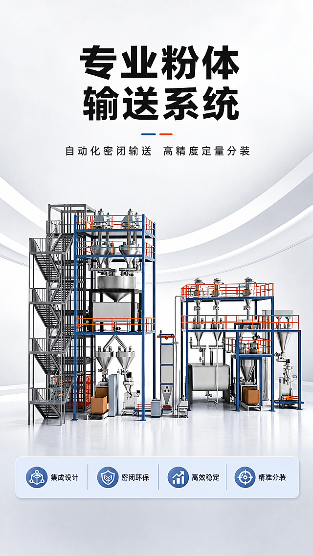 [第1屏] 详情页头图-粉体输送系统新品宣传海报。本屏使用【图1】和【图2】作为商品主体，同时展示立式和卧式两款不同结构的粉体输送系统全貌。
[氛围/风格] 专业工业科技风，浅灰渐变背景，蓝橙撞色设计，高清商业工业摄影质感，画面简洁专业。
[元素布局] 两款粉体输送系统分别放置在画面左右两侧，占据画面60%-70%主体区域。保持两款设备蓝色框架、橙色围栏、不锈钢料斗和罐体的物理结构、材质质感、颜色与输入产品图一致。背景为浅灰渐变工业风，顶部留白用于放置主标题，底部使用浅蓝信息条承接卖点参数。整体无边框满铺设计。
[光影质感] 左上方柔和主光照亮设备主体，右下方形成自然投影，不锈钢罐体和料斗保留清晰高光边缘，整体干净通透，产品边缘清晰真实。
[配色色系] 全局底色：#F5F7FA（浅灰）；主体配色：#4A6FA5（框架蓝）+#FF7D00（围栏橙）+#C0C0C0（不锈钢银）；辅助色：#E8F0F8（浅蓝信息条）+#222222（标题黑）。
[视角构图] 正面平视，两款设备对称分布在画面左右，顶部区域完整留给标题，底部用浅蓝信息条承接卖点。背景干净简洁但具有专业工业设计感。
[文字版式] 顶部居中主标题「专业粉体输送系统」两行黑字，字号为画面宽度8%-10%，不超过顶部区域高度25%；主标题下方副标题「自动化密闭输送 高精度定量分装」，黑色轻量无衬线，字距略宽，字号约主标题30%-40%。底部信息条分四个卖点胶囊：「集成设计」「密闭环保」「高效稳定」「精准分装」，文字清晰不遮挡设备主体。
[比例分辨率] 9:16竖版比例，4K分辨率，文字清晰可辨，超高清。
[负向提示词] 设备结构变形，框架颜色偏差，料斗缺失，部件错位，文字错乱，水印，产品图模糊，背景杂乱。