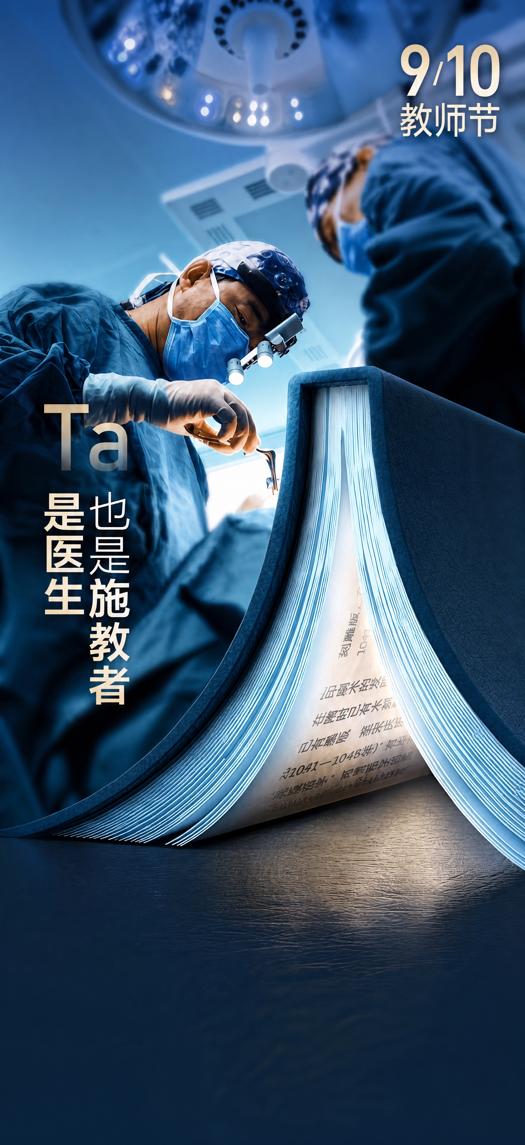 参考图的创意构图和风格：明亮的手术室场景中，一位穿着蓝色手术服… - 图片创意预览