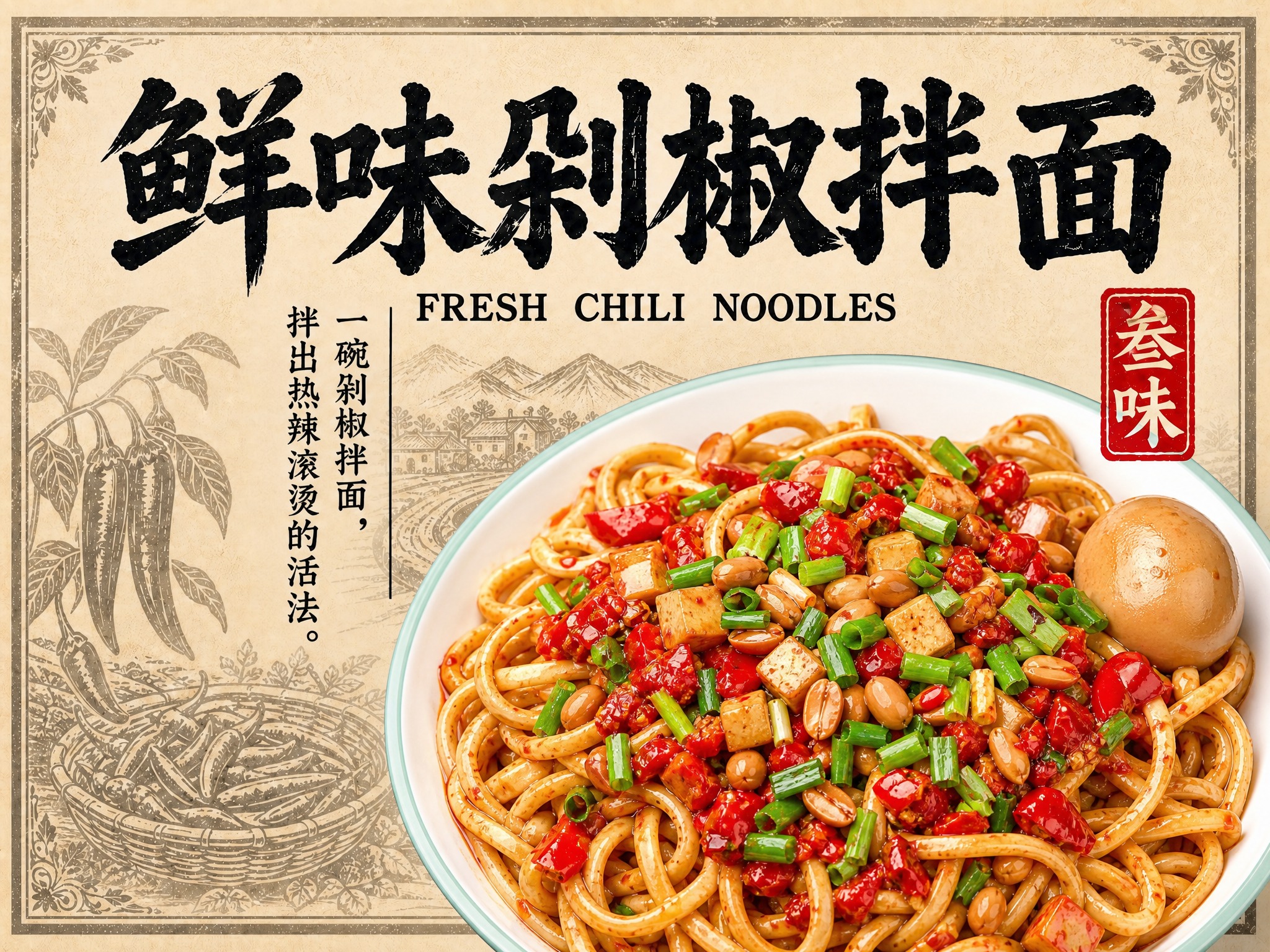 以第一张海报为版式与底图基础，菜品名改为「鲜味剁椒拌面」，食物… - 图片创意预览