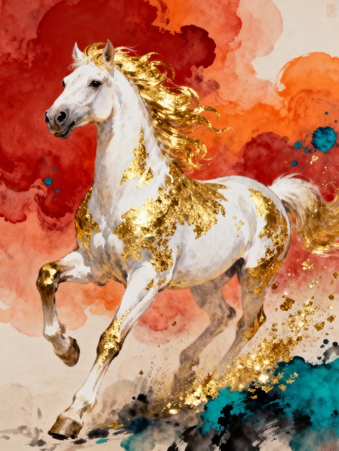 中国风鎏金骏马国画风格，一匹金鬃白毛的神骏，鬃毛飘逸如流金，身体点缀金箔肌理，昂首奔跑的动态，背景是红橙渐变的水墨流云，融入一点点青金撞色晕染，金粉飞溅的质感，新中式美学，国画重彩结合写意，8K超高清预览效果
