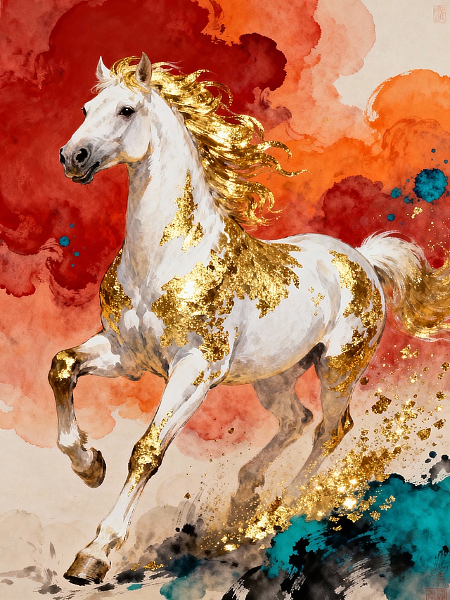 中国风鎏金骏马国画风格，一匹金鬃白毛的神骏，鬃毛飘逸如流金，身体点缀金箔肌理，昂首奔跑的动态，背景是红橙渐变的水墨流云，融入一点点青金撞色晕染，金粉飞溅的质感，新中式美学，国画重彩结合写意，8K超高清，细腻笔触，光影层次丰富，氛围感强烈