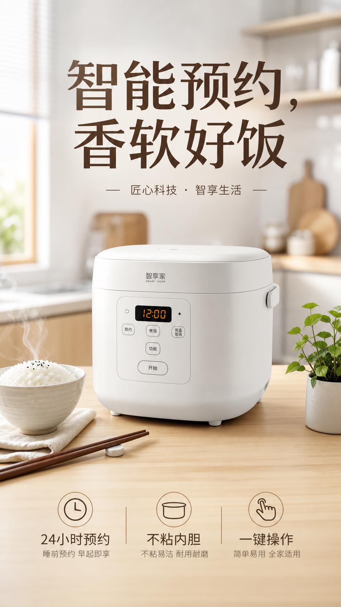 现代简约风格电商海报，主色调白色和浅木色，温馨家庭氛围。画面中… - 图片创意预览