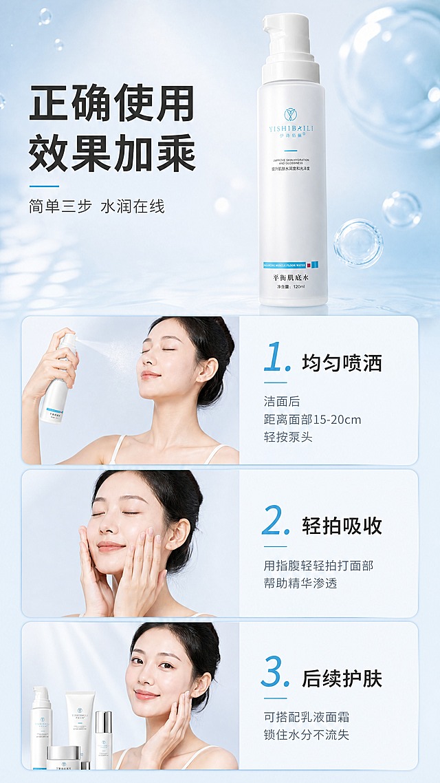 [商品] 使用【图2】伊诗佰俪平衡肌底水；保留白色磨砂瓶身、白色按压泵头、蓝色YISHIBAILI伊诗佰俪Logo、底部蓝色平衡肌底水标签；在步骤中展示产品使用状态，不改变瓶身比例和结构。
[画面] 目标：使用方法与步骤展示，3步正确用法。画面分为上中下三部分，每部分一个步骤，左侧为步骤编号+动作特写小图，右侧为步骤说明文字。顶部为产品大图+主标题，产品位于画面上方，占画面约25%。三个步骤分别展示：1. 洁面后距离面部15-20cm喷洒，2. 轻轻拍打促进吸收，3. 后续护肤步骤叠加。背景为浅冰蓝渐变，有水光质感。
[视觉] 套系策略：风格=清透水润高级商业摄影风；标题字=现代简约无衬线粗体；正文字=简洁无衬线体；主色=浅冰蓝；背景延展=基于浅冰蓝做上下渐变、水光光斑、细分割线；强调色=清透蓝，仅用于步骤编号、图标高光；标题色=深炭灰黑；正文色=中灰蓝；组件=大号数字编号、圆角步骤卡、细分割线；光影=均匀柔光，动作特写清晰自然。
[文字] 顶部主标题"正确使用 效果加乘"，副标题"简单三步 水润在线"；三步说明：步骤1"均匀喷洒"配小字"洁面后 距离面部15-20cm 轻按泵头"，步骤2"轻拍吸收"配小字"用指腹轻轻拍打面部 帮助精华渗透"，步骤3"后续护肤"配小字"可搭配乳液面霜 锁住水分不流失"；文字均为横排。
[规格] 图片比例9:16竖版，4K，避免变形、错字、文字过小、动作不自然、瓶身颜色改变。