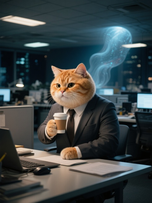 拟人胖乎乎圆滚滚橘猫穿着西装手拿着咖啡，在办公室繁忙的加班，背景夜晚预览效果