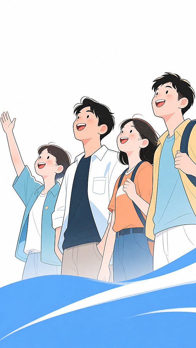 参考图片的扁平插画风格，重新生成四个年轻人仰望远方的画面，画面干净简洁，去除所有水印和logo，底部蓝色波浪装饰，人物表情开心充满希望，青春活力感，日系治愈插画风格，白色背景