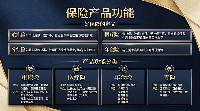 保留一下所有文字，高大上的设计
保险产品功能

 好保险的定义
 重疾险：市场成熟、差异小，重点看条款合理性与理赔实效
 医疗险：分社保、社保+商保、无社保三层，重点看续保条件和条款是否适配当前医疗水平
 分红险：看实际收益率、长期可持续性及历史/当前/未来收益
 年金险：能在需求高峰期提供充足现金流



 产品功能分类
重疾险
     作用：重疾时提供资金，补偿收入损失，保障日常开支
     产品：
成人（友如意顺心版、盈如意顺心版）
儿童（友如意星享版、盈如意星享版）

医疗险
     作用：报销医疗费用
     产品：
欣安益、欣添益（无免赔）
智选系列（中端/百万医疗）
尊享系列（无免赔）
传世系列

年金险
     作用：提供被动现金流
     产品：
个养系列
养老年金
定期年金
即期年金
普通年金

寿险
     作用：身故保障、资产增值
     产品：
定期寿险（百倍安欣）
终身寿险（传世经典、传世盈佳）