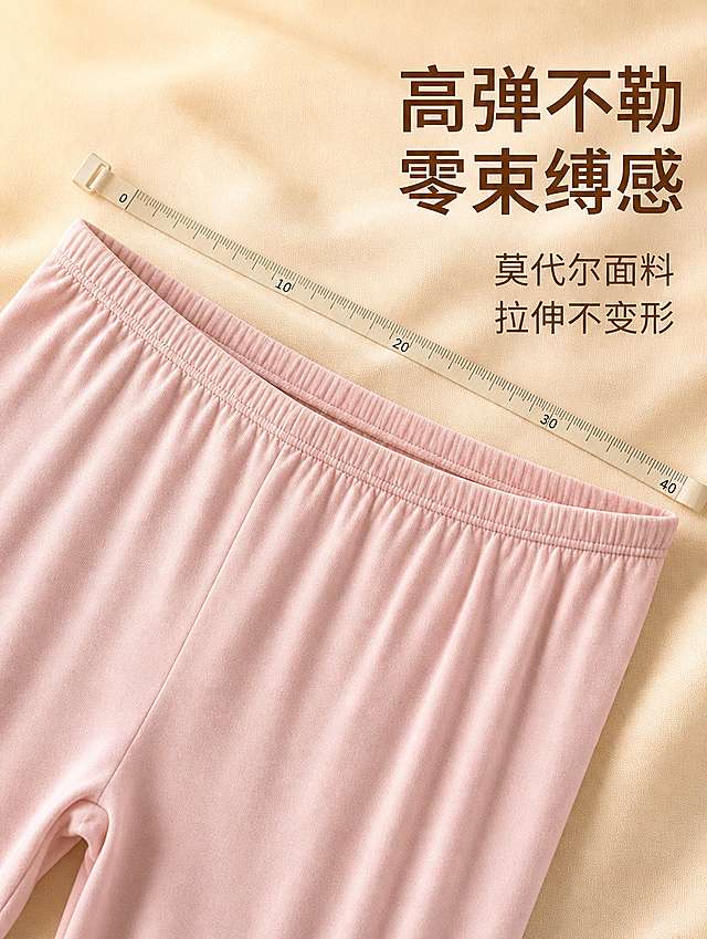 抖音电商主图 超薄莫代尔女士秋裤 高弹卖点图 浅粉色秋裤腰部松紧带被轻轻拉扯展开 展示高弹性 面料自然延展不变形 旁边放一把软尺辅助展示拉伸效果 浅米色布料背景 右侧大字标题 高弹不勒 零束缚感 下方小字 莫代尔面料 拉伸不变形 柔和侧光 突出面料弹性和松紧带做工 暖调统一 比例3:4 文字清晰 禁止变形错字水印