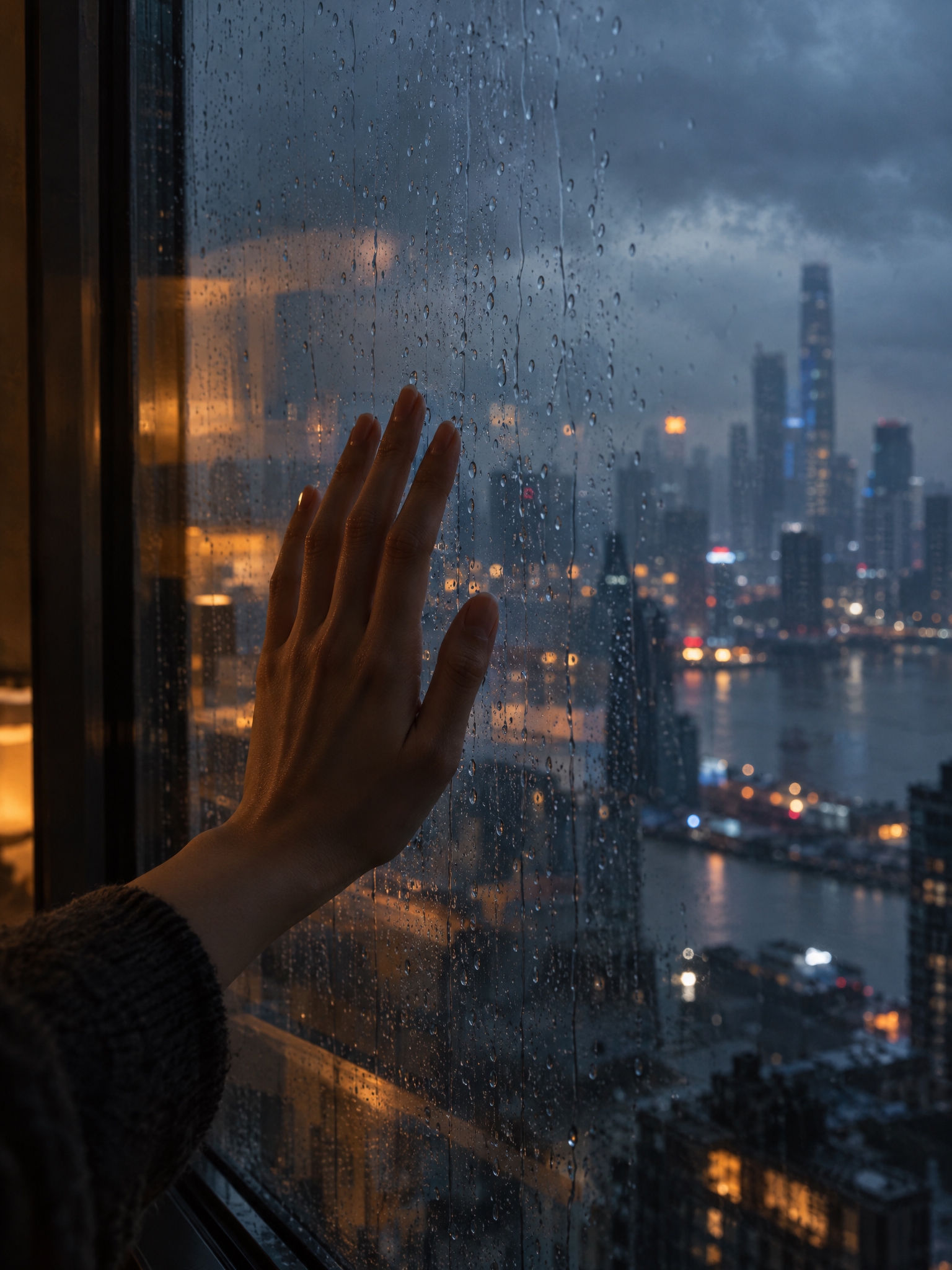 竖版电影静帧，3:4。傍晚的室内，一只手轻贴在布满雨滴与雾气的… - 图片创意预览
