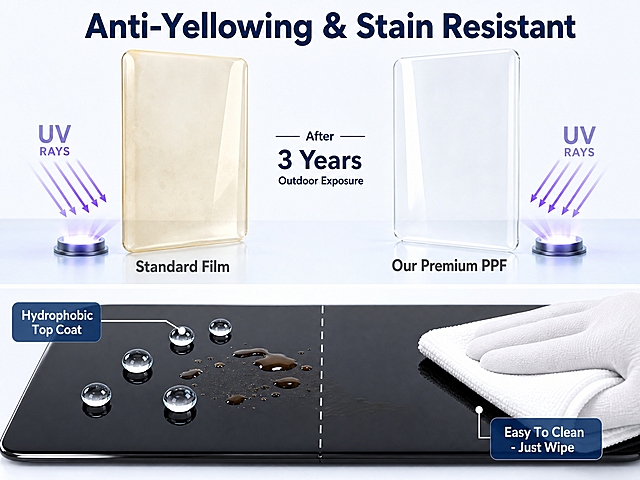 [第5张] 耐黄变抗污性能页 - Anti-Yellowing & Hydrophobic Stain Resistance双性能展示。本张使用【图1】TPU膜卷作为产品参考。
[氛围/风格] 跨境亚马逊专业洁净风，白色+浅蓝背景，干净明亮，棚拍产品摄影质感，客观可信。
[元素布局] 画面上下分两区，各占约50%。上半区：耐黄变对比。左右并排放置两块透明TPU膜样板，左侧"Standard Film"呈现明显的发黄老化状态，颜色偏黄暗浑浊；右侧"Our Premium PPF"清澈透明如新，中间标注"After 3 Years Outdoor Exposure"。两块样板下方各有紫外线照射的示意光线，表示长期UV暴露。下半区：疏水抗污演示。一块黑色车漆贴膜样板上滴有几滴水珠和少量油污，水珠呈完美球状滚落（荷叶效应），右下角一块白色抹布轻轻一擦污渍即被带走，漆面恢复干净。标注"Hydrophobic Top Coat"和"Easy To Clean - Just Wipe"。顶部大标题"Anti-Yellowing & Stain Resistant"。
[光影质感] 棚拍产品摄影质感，膜片通透有光泽，水珠晶莹剔透有高光点，黄变对比色差真实明显，整体光线均匀明亮，干净整洁。
[配色色系] 全局底色 #F5F9FC 白色偏浅蓝；主色深蓝色 #1E3A5F 标题；辅助色亮黄色 #FFD60A 用于黄变警示标注；文字深灰色为主。
[视角构图] 上下分区布局，上对比下演示，阅读动线顶部标题 → 上半区黄变对比 → 下半区疏水抗污演示。
[文字版式] 全部英文无衬线字体。顶部大标题粗体深蓝色，字号最大。对比样板下方分别标注"Standard Film"和"Premium PPF"，深灰色。疏水区域有两处标注，白色文字配半透明深蓝底。文字清晰不遮挡核心展示区。
[比例分辨率] 4:3 横版比例，4K分辨率，文字清晰可辨。
[负向提示词] 中文文字，变形，水印，错字，文字过小，夸张颜色，不真实黄变效果，水珠不自然。