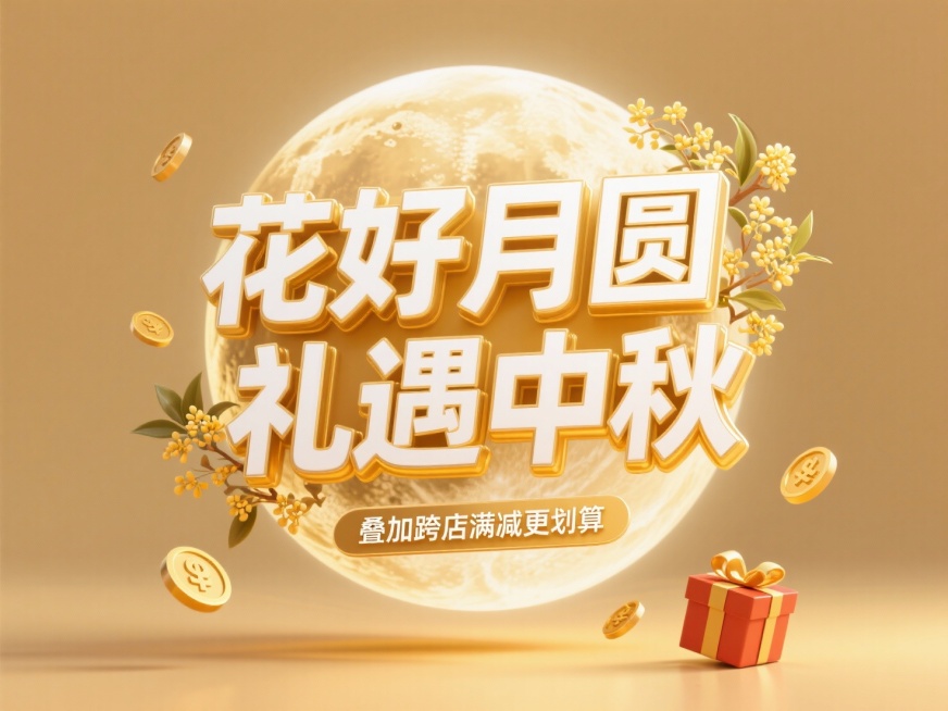 大标题“花好月圆 礼遇中秋”（白色字金色边）底部悬浮副标题""叠加跨店满减更划算""周围漂浮着金币与礼品盒，字体后面有一个超级大月亮，周围点缀桂花元素，暖金色调，纯色背景预览效果