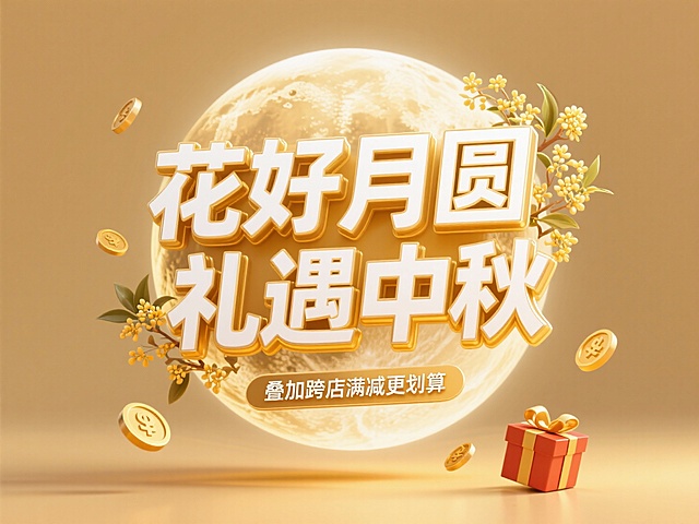 3D鎏金风大字设计，融合满月、桂花与礼盒，重拟物质感营造奢华喜庆的中秋氛围，唯美金属光泽传递节日祝福。