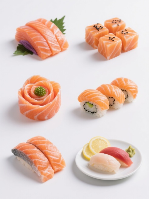 在纯白色背景上，以高清写实风格展示六个完全不同造型的三文鱼系列素材集合，采用规整的网格状排布。每个造型保持三文鱼橙红色的新鲜肉质和清晰可见的白色脂肪纹理，以及水润光泽的质感和自然的阴影效果。造型包括：左上角为厚切三文鱼刺身片，整齐叠放并点缀绿色紫苏叶；右上角为均匀的三文鱼小方块，表面撒有少量黑芝麻；中间左列是卷成玫瑰花形状的三文鱼片，中心放置一颗绿色鱼子；中间右列是三文鱼握寿司，醋饭底部略微露……预览效果