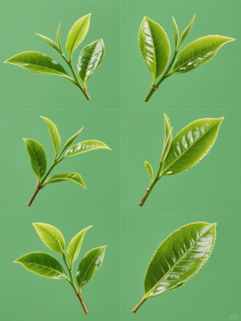 六个完全不同造型与角度的茶叶枝叶系列素材集合，超写实摄影风格，清晰可见的叶脉纹理，水润的叶片光泽，细腻的锯齿状叶缘，鲜活的绿色渐变，纯绿色纯色背景，规整网格排布，每个枝叶姿态各异：有的叶片舒展，有的微微卷曲，有的枝干倾斜，有的正面展示，有的侧面呈现，有的俯视角度，整体画面干净简洁，突出茶叶的自然形态与质感，高分辨率，极致细节，专业商业摄影品质预览效果