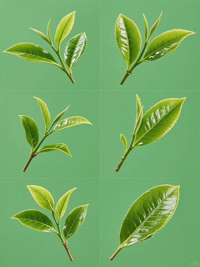 六个完全不同造型与角度的茶叶枝叶系列素材集合，超写实摄影风格，清晰可见的叶脉纹理，水润的叶片光泽，细腻的锯齿状叶缘，鲜活的绿色渐变，纯绿色纯色背景，规整网格排布，每个枝叶姿态各异：有的叶片舒展，有的微微卷曲，有的枝干倾斜，有的正面展示，有的侧面呈现，有的俯视角度，整体画面干净简洁，突出茶叶的自然形态与质感，高分辨率，极致细节，专业商业摄影品质