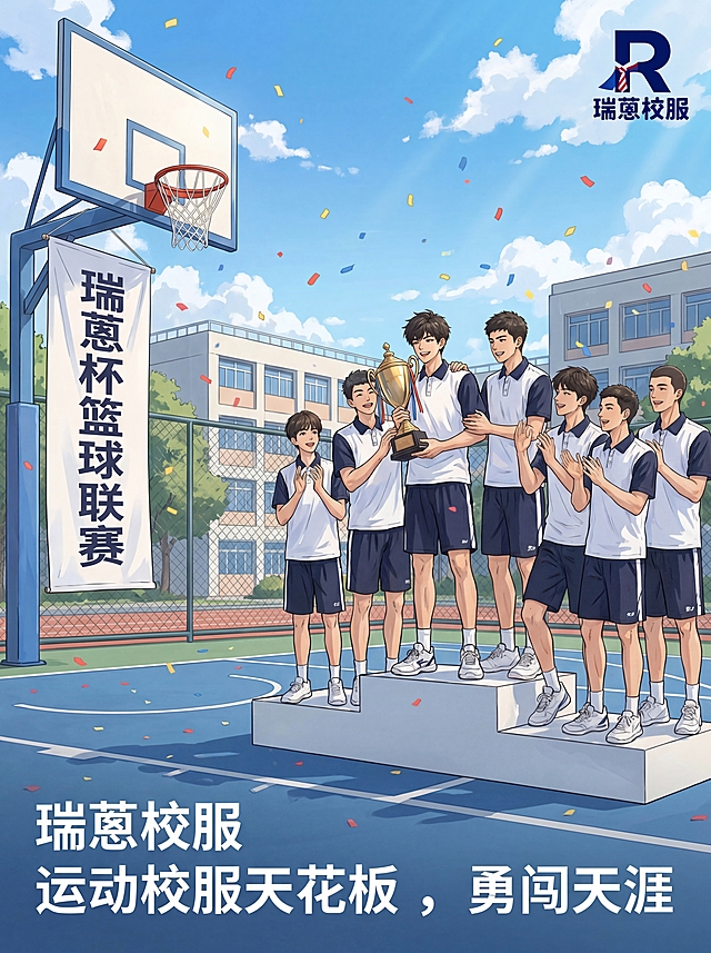 保留原图清新二次元写实质感，保留瑞蒽校服品牌LOGO元素，画面为瑞蒽杯篮球联赛决赛的篮球场场景，场边悬挂赛事横幅，清晰显示"瑞蒽杯篮球联赛"字样，穿着同款校服的少年在场上领奖，整体氛围热血夺冠，画面配文："瑞蒽校服 运动校服天花板 ，勇闯天涯"，风格与原图保持一致，色彩清新通透
