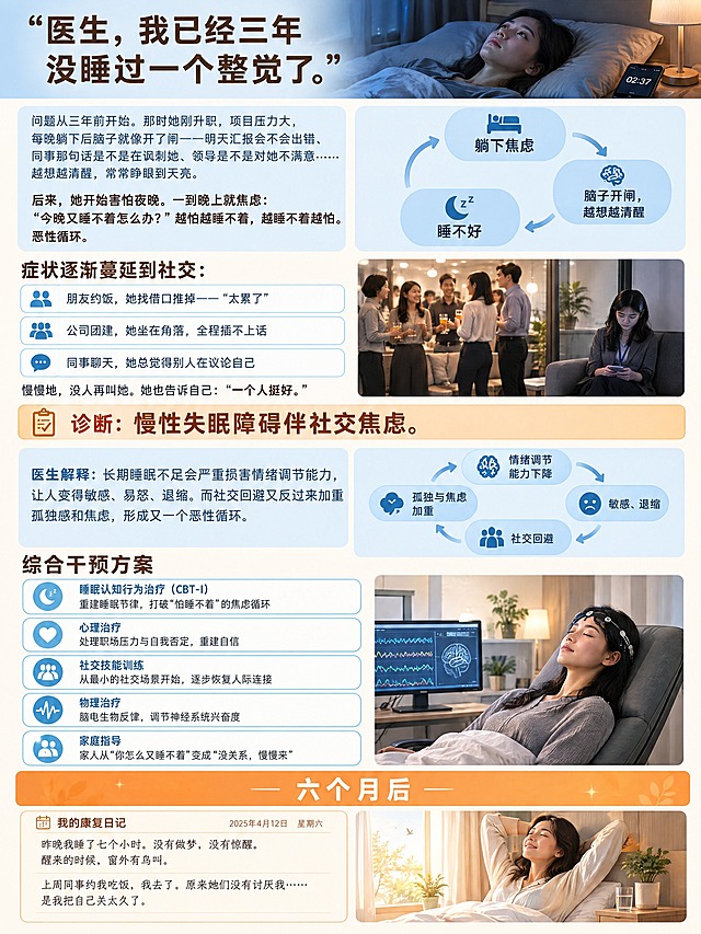 竖版心理健康科普长图文，单张完整内容，医疗健康类温暖专业风格，排版有创意反差感，信息层级分明，适合手机竖屏阅读。整体色调：奶油米色为底，搭配柔和的雾霾蓝和暖橙色点缀，温暖治愈又专业。核心创意：用两个循环图示（睡眠恶性循环 + 社交退缩循环）揭示机制，用治疗日记收尾形成首尾冷暖反差。

【顶部标题区】
主标题粗体深棕色大字：「"医生，我已经三年没睡过一个整觉了。"」。标题区背景是浅雾霾蓝色渐变色块，右侧配一张写实风格配图——一位30岁左右职业女性深夜躺在床上，眼睛睁着望向天花板，床头灯微亮，手机屏幕显示凌晨时间，画面安静而疲惫。

【开场场景区】
浅蓝色圆角卡片内文字：问题从三年前开始。那时她刚升职，项目压力大，每晚躺下后脑子就像开了闸——明天汇报会不会出错、同事那句话是不是在讽刺她、领导是不是对她不满意……越想越清醒，常常睁眼到天亮。

下方一行加粗：后来，她开始害怕夜晚。一到晚上就焦虑："今晚又睡不着怎么办？"越怕越睡不着，越睡不着越怕。恶性循环。

【核心创意①：睡眠恶性循环图示】
一个圆角卡片，浅蓝色背景：三个节点围成圆形用循环箭头连接：「躺下焦虑」→「脑子开闸，越想越清醒」→「睡不好」→回到「躺下焦虑」。

【症状蔓延区】
小标题粗体深棕色：「症状逐渐蔓延到社交：」。三个横向小卡片，每条左侧有图标：
• 朋友约饭，她找借口推掉——"太累了"
• 公司团建，她坐在角落，全程插不上话
• 同事聊天，她总觉得别人在议论自己

下方一行文字：慢慢地，没人再叫她。她也告诉自己："一个人挺好。"
配一张写实质感小图——公司团建现场，同事们聚在一起说话笑闹，她单独坐在角落低头看手机，画面有疏离感。

【诊断区】
一个暖橙色高亮框：诊断：慢性失眠障碍伴社交焦虑。关键词用深棕色加粗。

【双循环解释区（核心创意②）】
浅蓝色圆角卡片内文字：医生解释：长期睡眠不足会严重损害情绪调节能力，让人变得敏感、易怒、退缩。而社交回避又反过来加重孤独感和焦虑，形成又一个恶性循环。

一个创意循环图示卡片，浅雾蓝色背景：三个节点围成圆形用循环箭头连接：「情绪调节能力下降」→「敏感、退缩」→「社交回避」→回到「孤独与焦虑加重」。

【综合干预方案区】
小标题粗体深棕色：「综合干预方案」。五个纵向排列的白色圆角卡片带浅蓝色边框，每个左侧有图标：
卡片1（月亮图标）「睡眠认知行为治疗（CBT-I）」：重建睡眠节律，打破"怕睡不着"的焦虑循环
卡片2（心形图标）「心理治疗」：处理职场压力与自我否定，重建自信
卡片3（人群图标）「社交技能训练」：从最小的社交场景开始，逐步恢复人际连接
卡片4（脑波图标）「物理治疗」：脑电生物反馈，调节神经系统兴奋度
卡片5（家庭图标）「家庭指导」：家人从"你怎么又睡不着"变成"没关系，慢慢来"
配一张写实质感小图——治疗室内，女性靠在治疗椅上佩戴轻便的脑电生物反馈设备，屏幕上是脑波曲线，环境安静专业。

【视觉反转区】
一个醒目的暖橙色宽条，白色粗体大字：「六个月后」背景从冷色转为暖色，形成强反差。

【治疗日记区】
暖色调背景，一个仿日记本的卡片样式，顶部标有日期横线：
第一段文字："昨晚我睡了七个小时。没有做梦，没有惊醒。醒来的时候，窗外有鸟叫。"
第二段文字："上周同事约我吃饭，我去了。原来她们没有讨厌我……是我把自己关太久了。"

配一张写实风格配图——清晨卧室，阳光从窗帘缝隙洒进来，女性在床上自然醒来，表情舒展安宁，床头柜上放着水杯和一盆小绿植，窗外隐约有鸟与树影，画面温暖治愈，与开头的深夜睁眼形成强烈对比。

整体排版：从上到下"深夜失眠→双循环机制→综合干预→安稳睡醒"的叙事弧线，两个循环图示与治疗日记是核心创意亮点，图文结合，留白充足，字体层级分明，所有文字清晰可读。画面比例 3:4，2K。