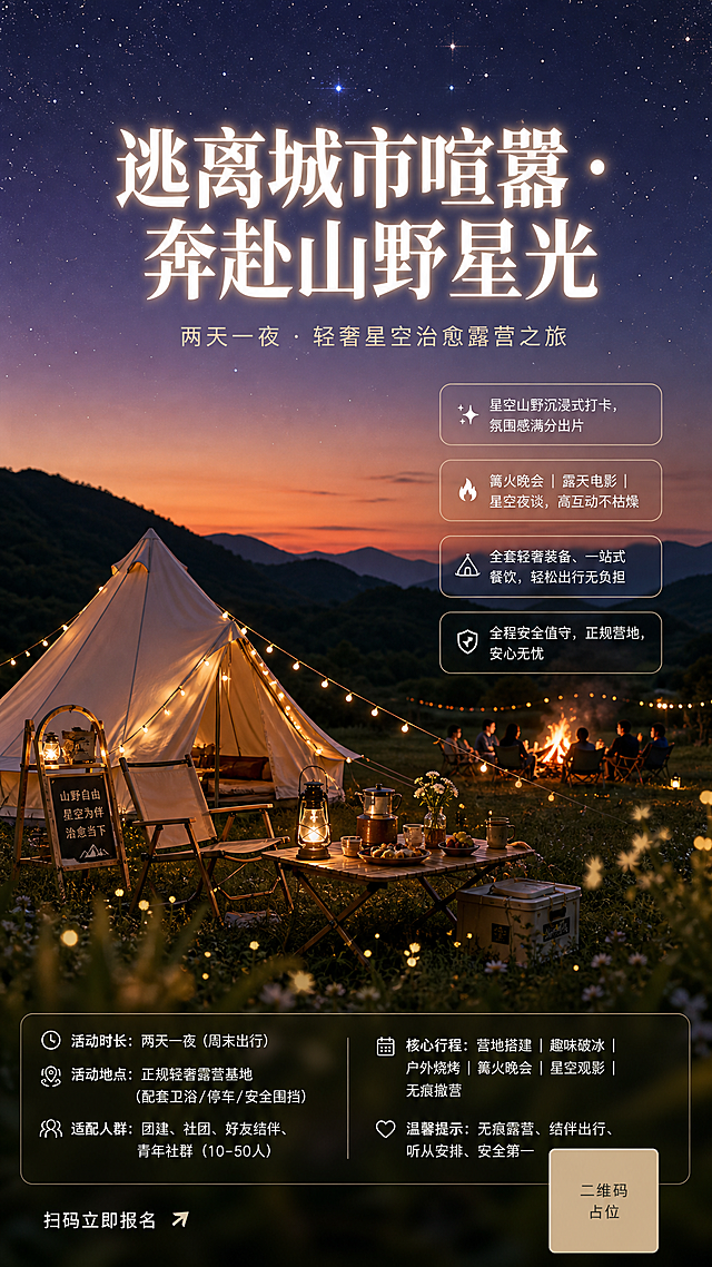 轻奢星空露营活动海报，竖版9:16，治愈松弛、山野轻奢、星空氛围感、年轻简约、出片高级风格。全新创意方案，与上一版构图和视角完全不同。

【主视觉画面】
采用平视视角，画面主体是开阔的山野草地露营场景。黄昏蓝调时刻，天空从暖橘色地平线渐变到深紫蓝色星空，星星开始闪烁。画面中央偏下位置是一组轻奢露营布置：米白色钟形帐篷、木质蛋卷桌、折叠椅、复古马灯、串灯缠绕在帐篷周围，桌上有咖啡壶与小食。远处有一小堆篝火发出温暖橙光，人物剪影围坐篝火旁。背景是层叠的墨绿色山脉剪影。前景有虚化的草叶与萤火虫光斑增加层次感。整体画面干净通透、松弛治愈，电影感构图。

【配色】
主色调：暮紫深蓝、山野墨绿、暖橘篝火色；辅助色：米白、奶咖色。整体冷暖渐变过渡自然，温柔治愈，高级出片。

【版式与文案】
顶部居中（画面上三分之一处）：主标题超大字体，白色粗体字带柔和光晕，视觉冲击力强；副标题在主标题下方，浅米色细体字。
主标题："逃离城市喧嚣 · 奔赴山野星光"
副标题："两天一夜 · 轻奢星空治愈露营之旅"

画面中部右侧（负空间区域）：4条核心亮点短句，竖向排列，每条用白色细线图标+文字，文字左对齐，背景轻微半透明白色圆角底衬，不遮挡主场景。
亮点1："✨ 星空山野沉浸式打卡，氛围感满分出片"
亮点2："🔥 篝火晚会｜露天电影｜星空夜谈，高互动不枯燥"
亮点3："⛺ 全套轻奢装备、一站式餐饮，轻松出行无负担"
亮点4："🛡️ 全程安全值守，正规营地，安心无忧"

底部通栏（深渐变半透明底栏）：活动基础信息分两列排布，左列是时间地点人群，右列是行程与提示，文字为白色/浅米色，精致排版。
左列：
"活动时长：两天一夜（周末出行）"
"活动地点：正规轻奢露营基地（配套卫浴/停车/安全围挡）"
"适配人群：团建、社团、好友结伴、青年社群（10-50人）"
右列：
"核心行程：营地搭建｜趣味破冰｜户外烧烤｜篝火晚会｜星空观影｜无痕撤营"
"温馨提示：无痕露营、结伴出行、听从安排、安全第一"

底栏左下角：小字"扫码立即报名"，右下角：二维码占位符（纯色方块+中央标注"二维码占位"文字）。

【整体风格】
写实商业摄影质感，电影级蓝调时刻氛围感，暖冷对比柔和，高级杂志风排版，留白充足，版式精美，适合朋友圈宣传与社群招募。

画面中所有二维码区域使用纯色方块占位符呈现，方块中央标注"二维码占位"文字，严禁生成任何可识别的二维码图案。
画面中所有信息区域、套餐卡片、价格表格、权益列表、对比模块、福利条目、课程大纲、议程、嘉宾介绍区等必须填充完整合理的内容，不得出现空白框、空白占位、横线待填写区域、空列表项、空单元格；用户未提供具体内容时，基于海报主题和场景合理补全典型内容，确保是完整可用的成品海报而非待填写模板。
画面中所有数字必须精确渲染，不得错位、遗漏或编造。